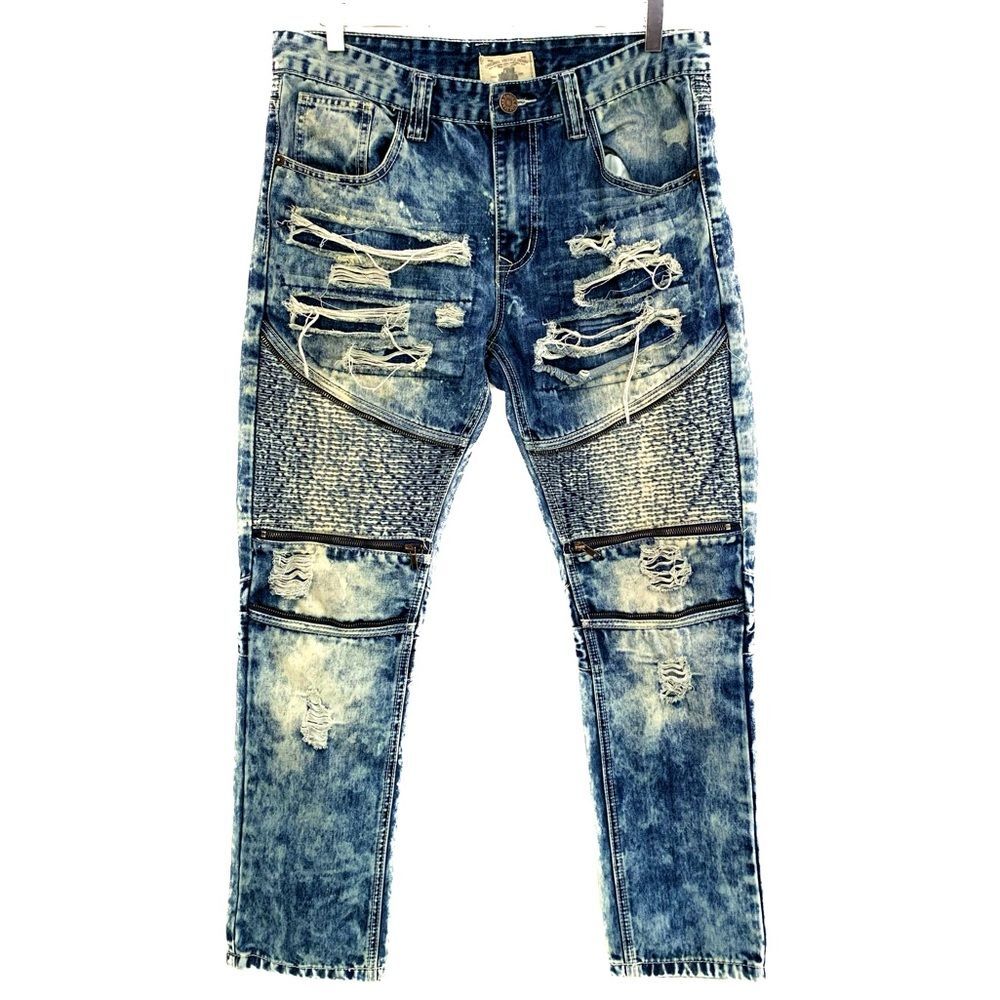 Smoke Rise Moto Jeans Mens Size 36 Bleached Distressed Original Vintage Denim